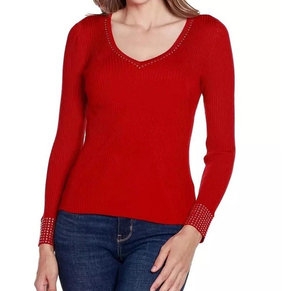 Belldini Black Label  Red Sweater Ribbed Knit Rhinestone Chic Cocktail Medium - Picture 1 of 15